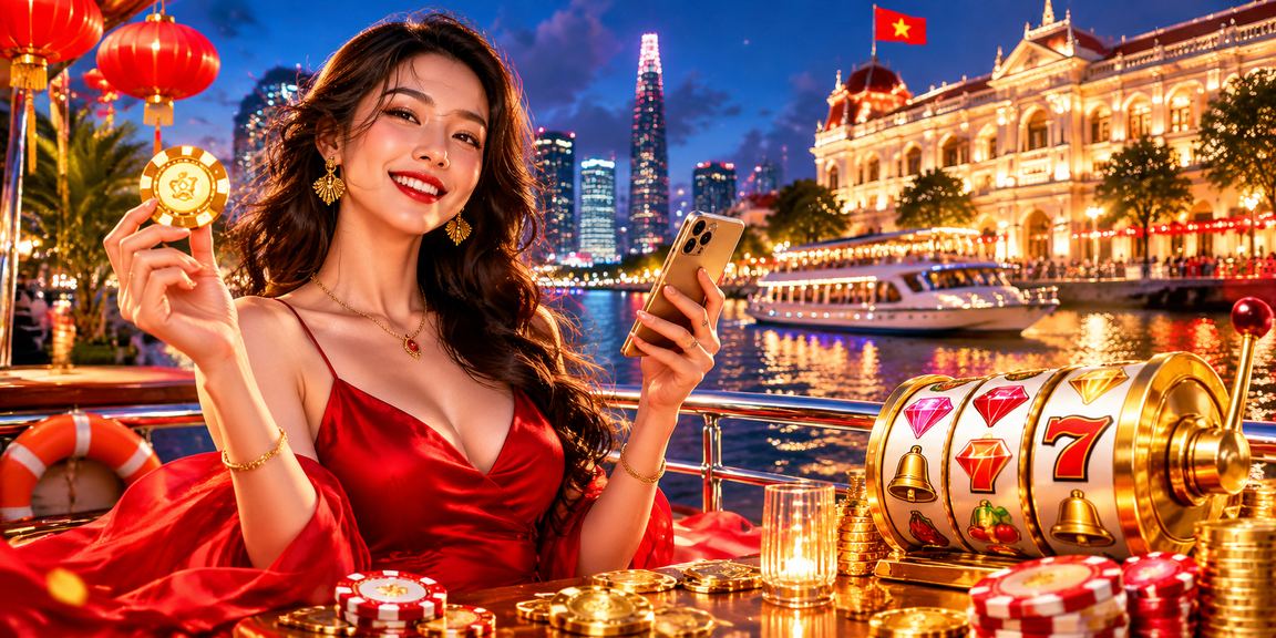 Không gian casino Việt Nam về đêm – ánh đèn rực rỡ và bầu không khí sôi động của sòng bài trực tuyến